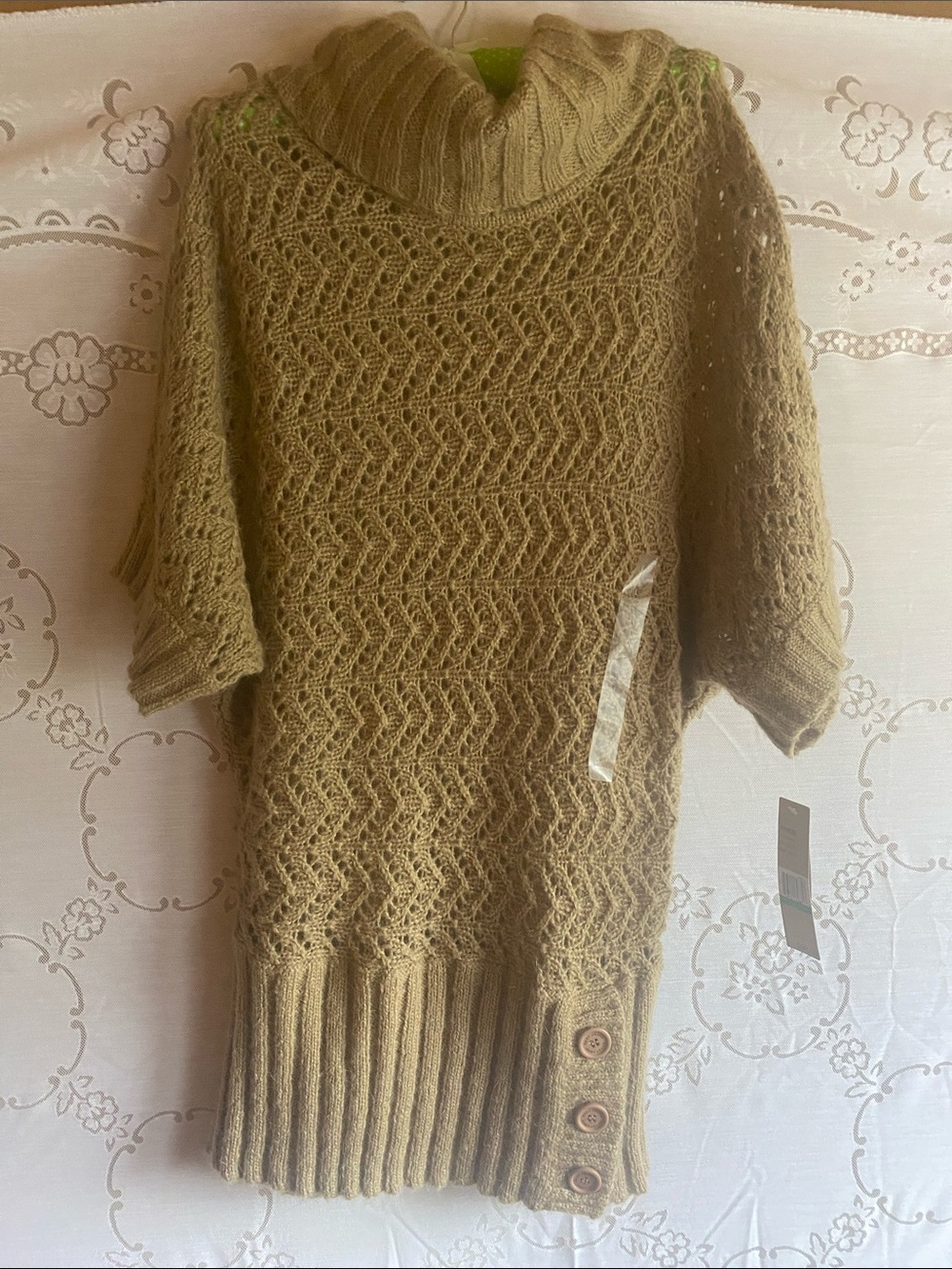 DKNY Olive-Tan Knit Cowl Neck Short Sleeve Tunic Sweater
